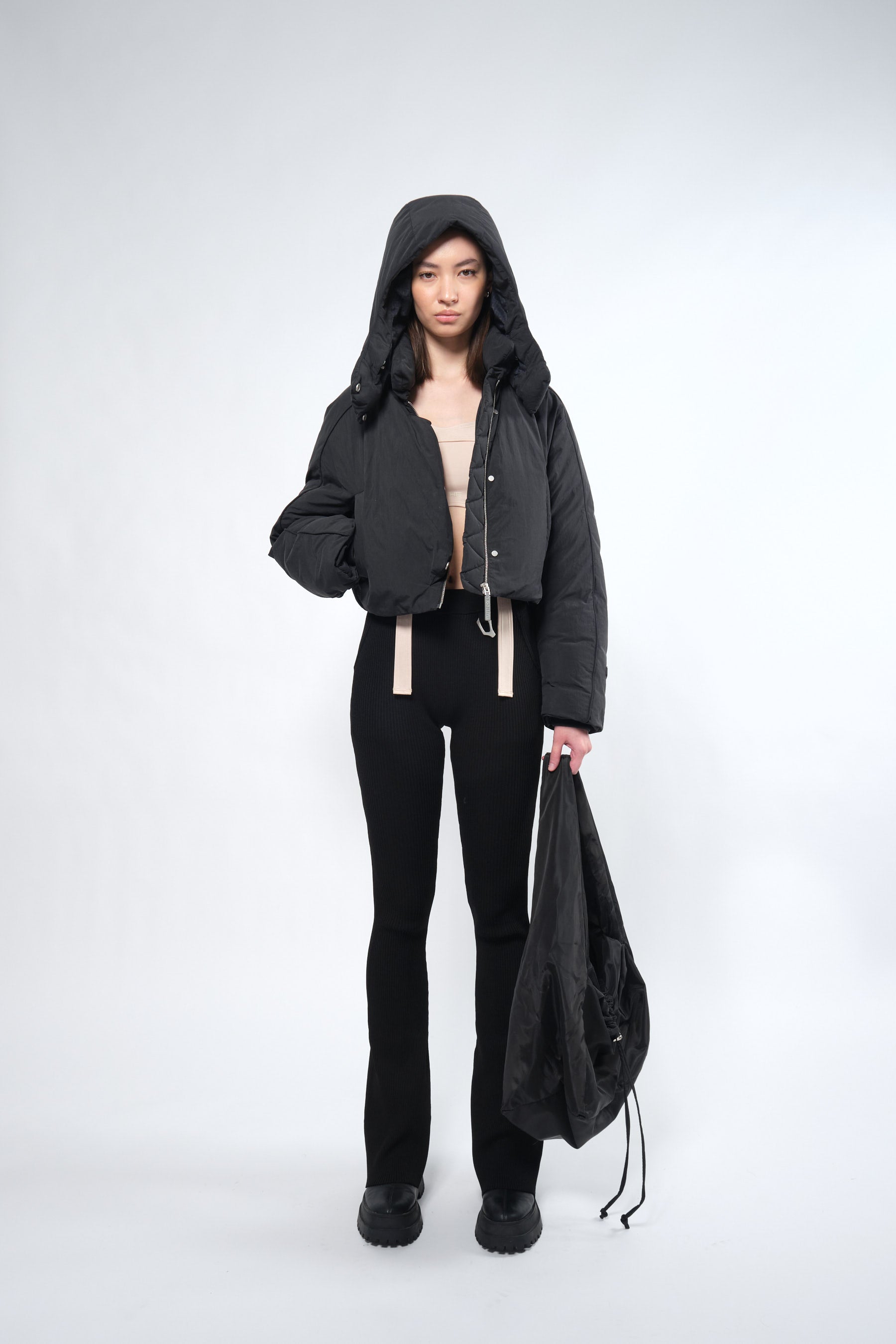  Re:Down® Crop Black Puffer Jacket with Hood - Adhere To  - 1
